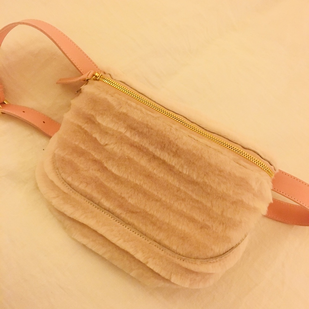 Clare V fanny pack pink textured faux fur gold zip